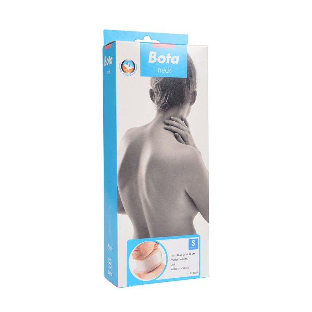 Verpakking voor nekbrace Bota. Blauwe en witte doos. Achteraanzicht van een persoon.