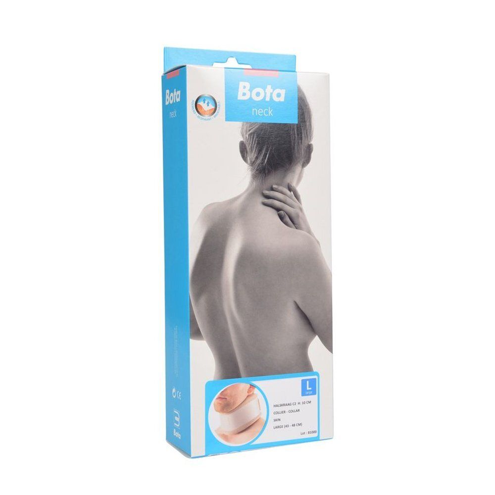 Verpakking met nekkraag. Blauwe en witte doos. Productnaam: Bota neck. Maat L.