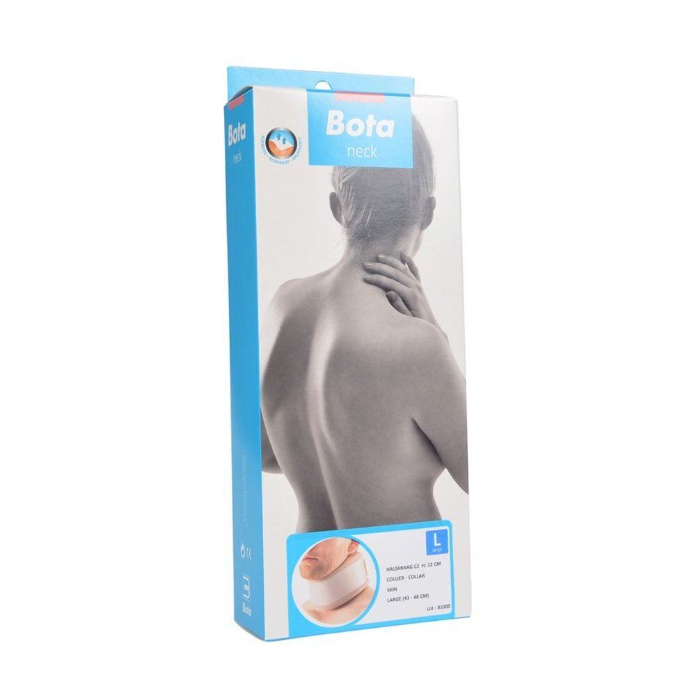 Verpakking voor Bota nekbrace. Blauw en wit. Productillustratie en maatindicatie.
