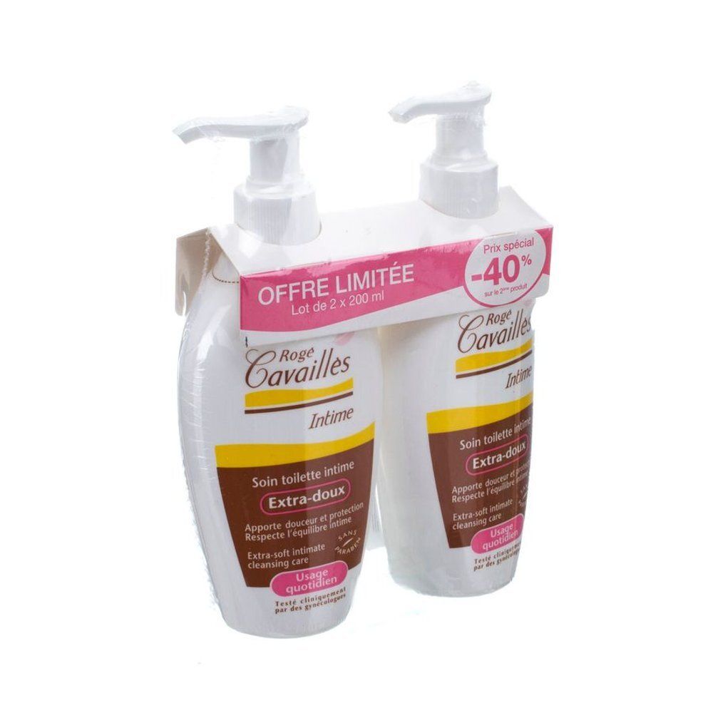Twee flacons intieme waslotion met pomp. Opschrift: Rogé Cavaillès, Extra-doux. Beperkte aanbieding met -40%.