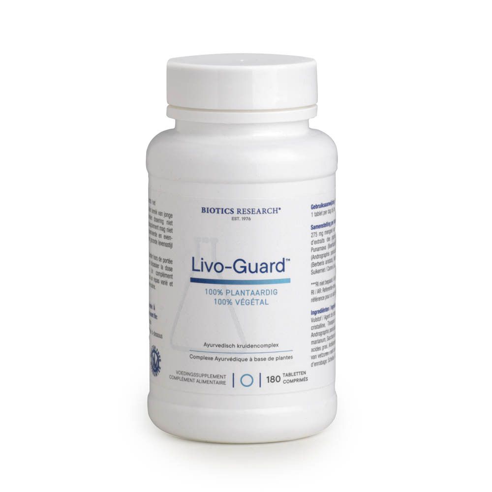 Witte fles met Livo-Guard label. BIOTICS RESEARCH logo. 180 tabletten. Dop.