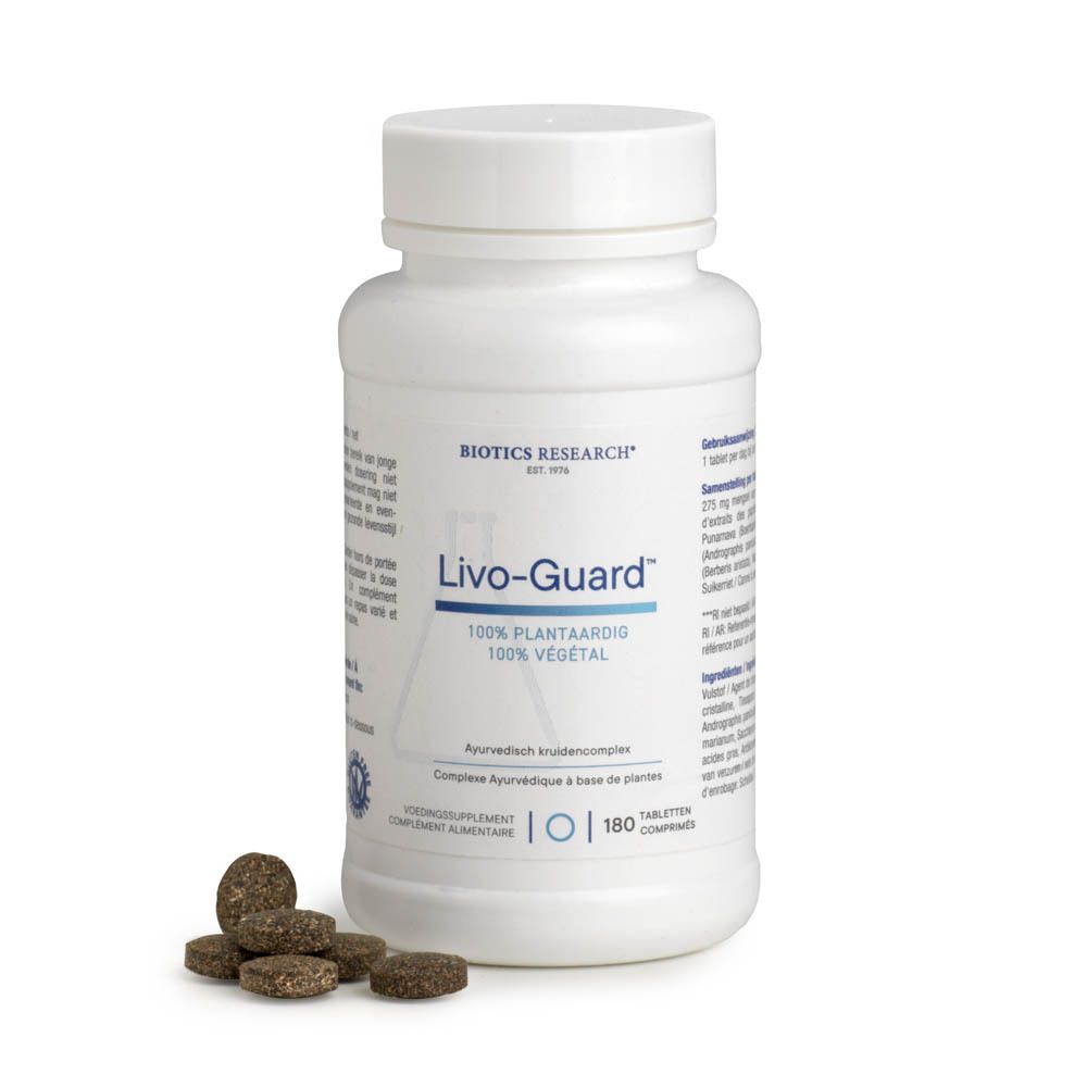 Witte fles met Livo-Guard label. BIOTICS RESEARCH logo. 180 tabletten. Dop.