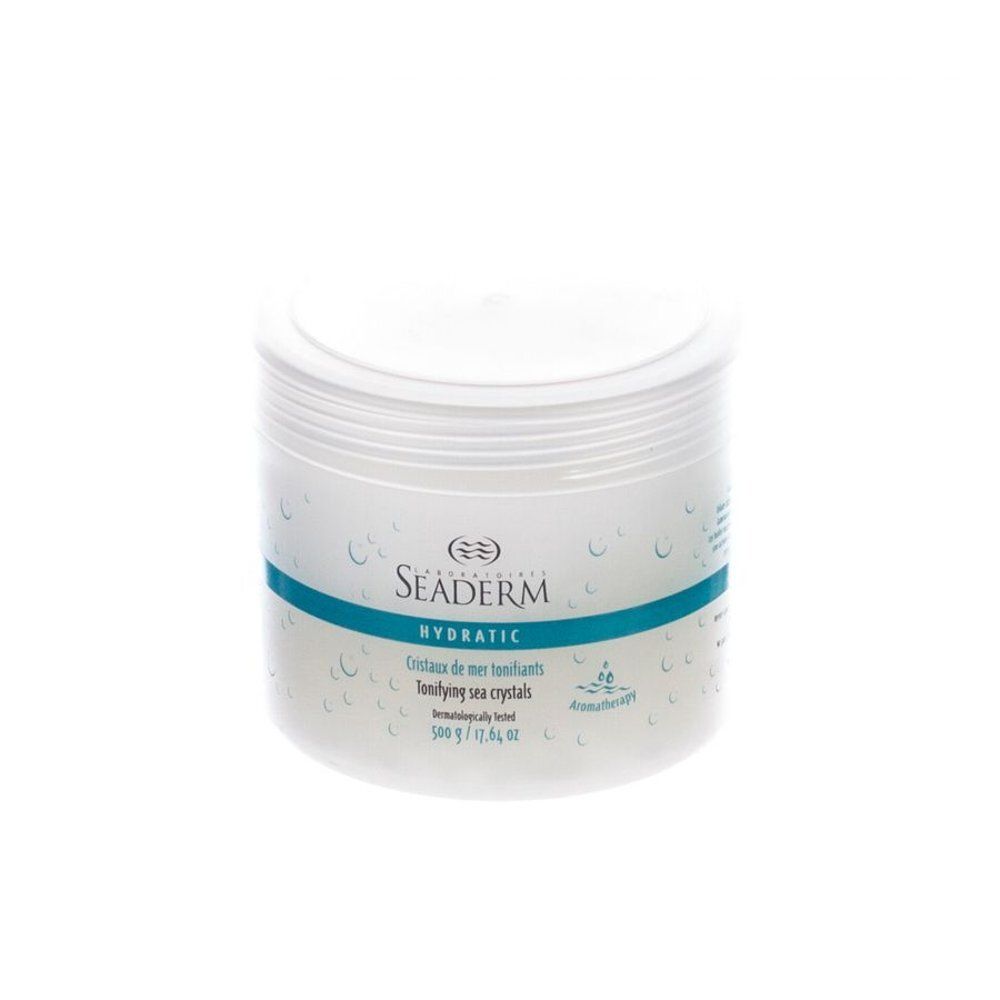 Pot blanc avec bande bleue. Inscription : Seaderm, Hydratic, Cristaux de mer tonifiants, Toning sea crystals. Testé dermatologiquement.