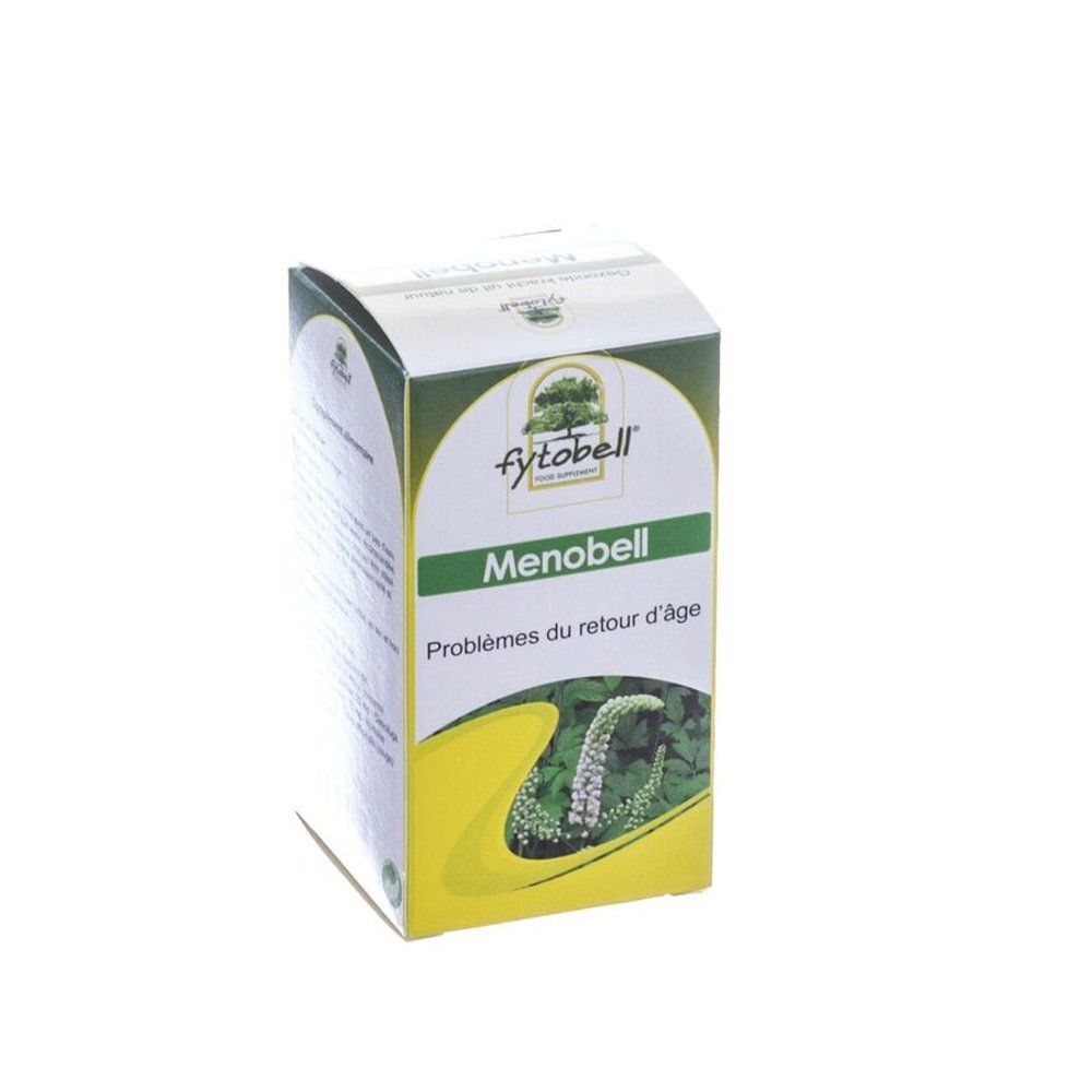 Boîte Fytobell Menobell. Emballage blanc et vert avec nom et logo. Texte: Problèmes du retour d'âge.