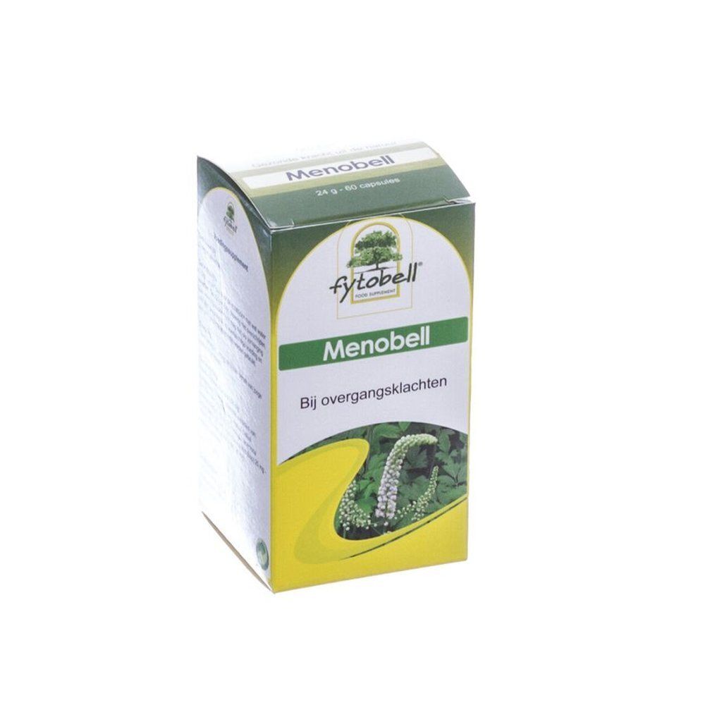 Fytobell Menobell-verpakking. Wit en groene doos met productnaam en logo. Tekst: Bij overgangsklachten.