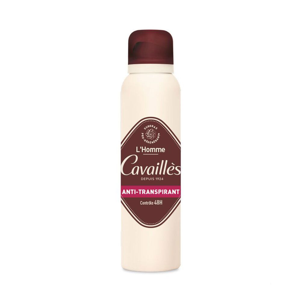 Witte deodorant spray met bruine dop. Opschrift: L'Homme Cavaillès, Anti-Transpirant, Contrôle 48H.