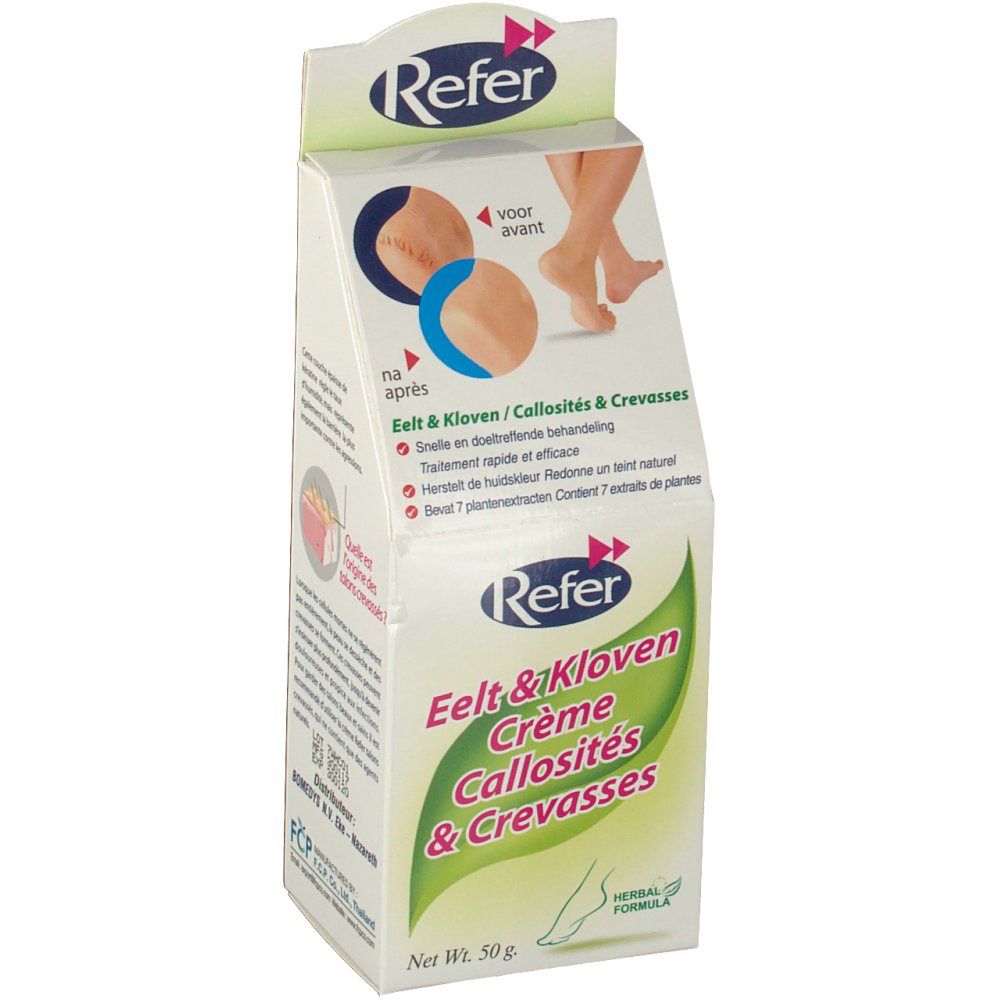Verpakking Refer. Tekst in het Nederlands, Duits en Frans. Illustraties van voeten. Netto gewicht 50g. Kruidenformule.