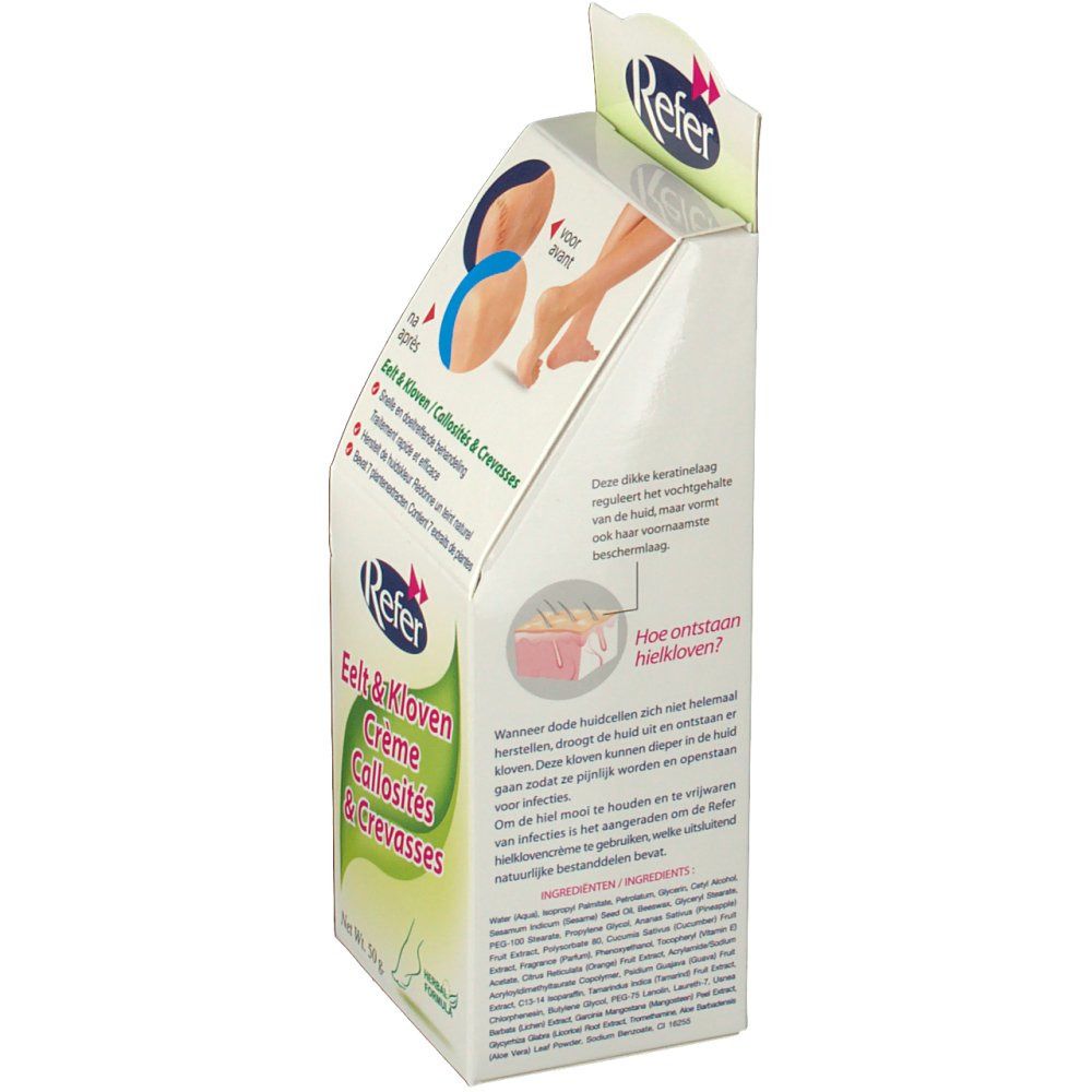 Zijkant van de Refer verpakking. Tekst in het Nederlands, Duits en Frans. Illustraties van voeten en huid.