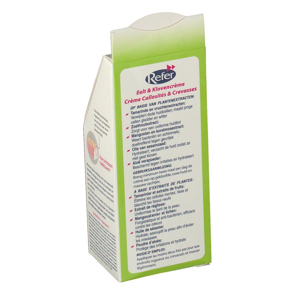 Achterkant van de Refer verpakking. Tekst in het Nederlands, Duits en Frans. Lijst van ingrediënten en gebruiksaanwijzing.