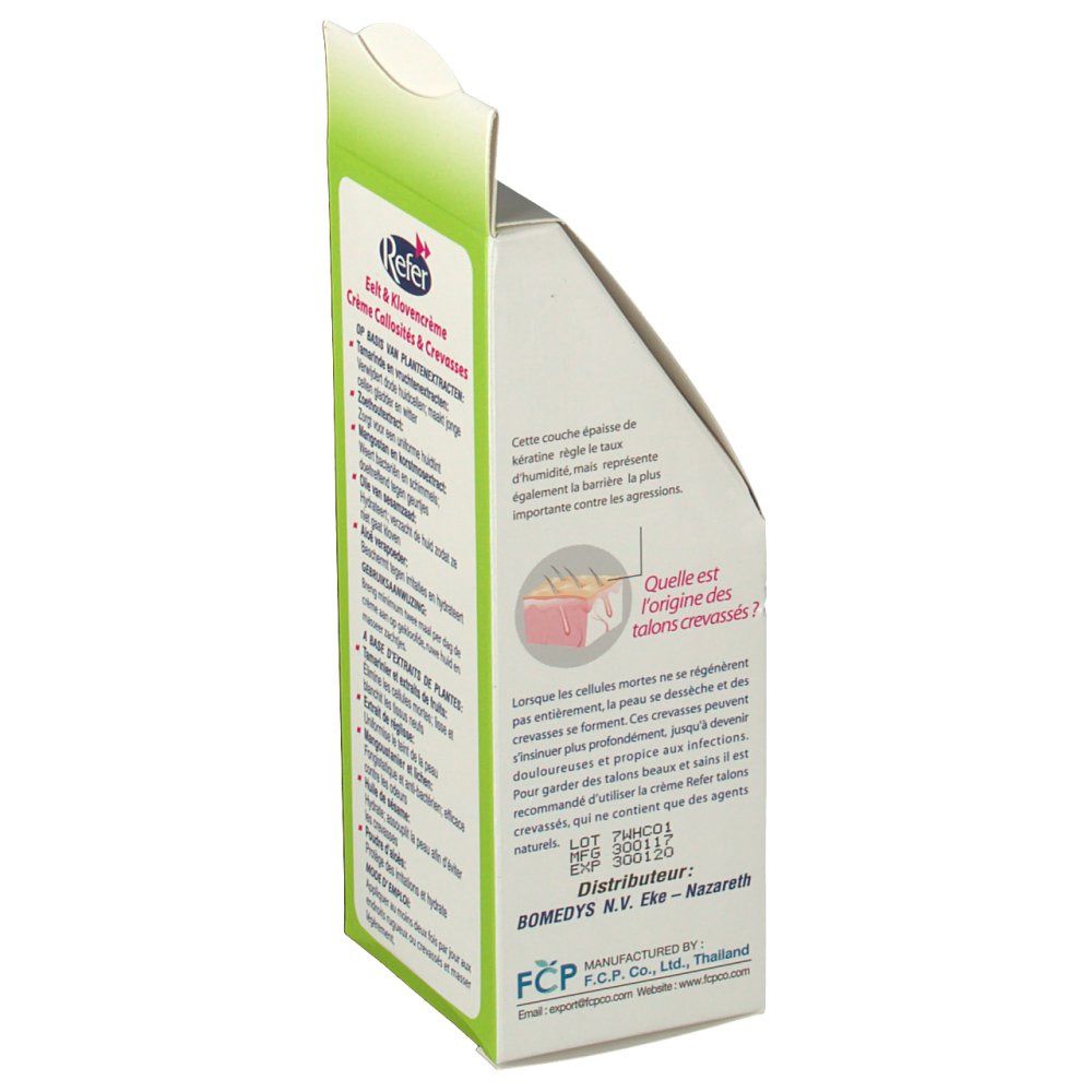 Zijkant van de Refer verpakking. Tekst in het Nederlands, Duits en Frans. Informatie over gebruik en fabrikant.