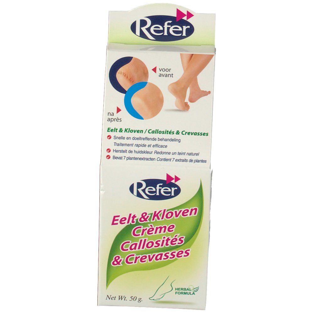 Voorkant van de Refer verpakking. Productnaam en illustraties van voeten. Tekst in het Nederlands, Duits en Frans. Netto gewicht 50g.