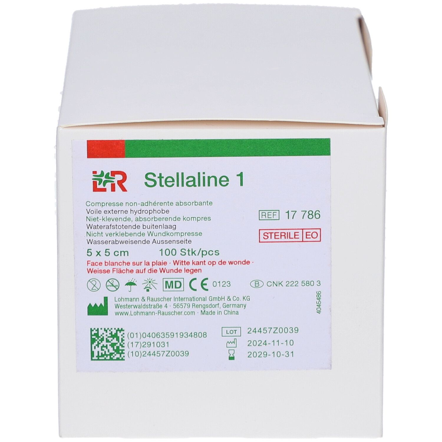 Witte verpakking met opdruk. Bevat Stellaline 1 steriele kompressen. Afmeting 5x5 cm. 100 stuks per verpakking. Steriel.
