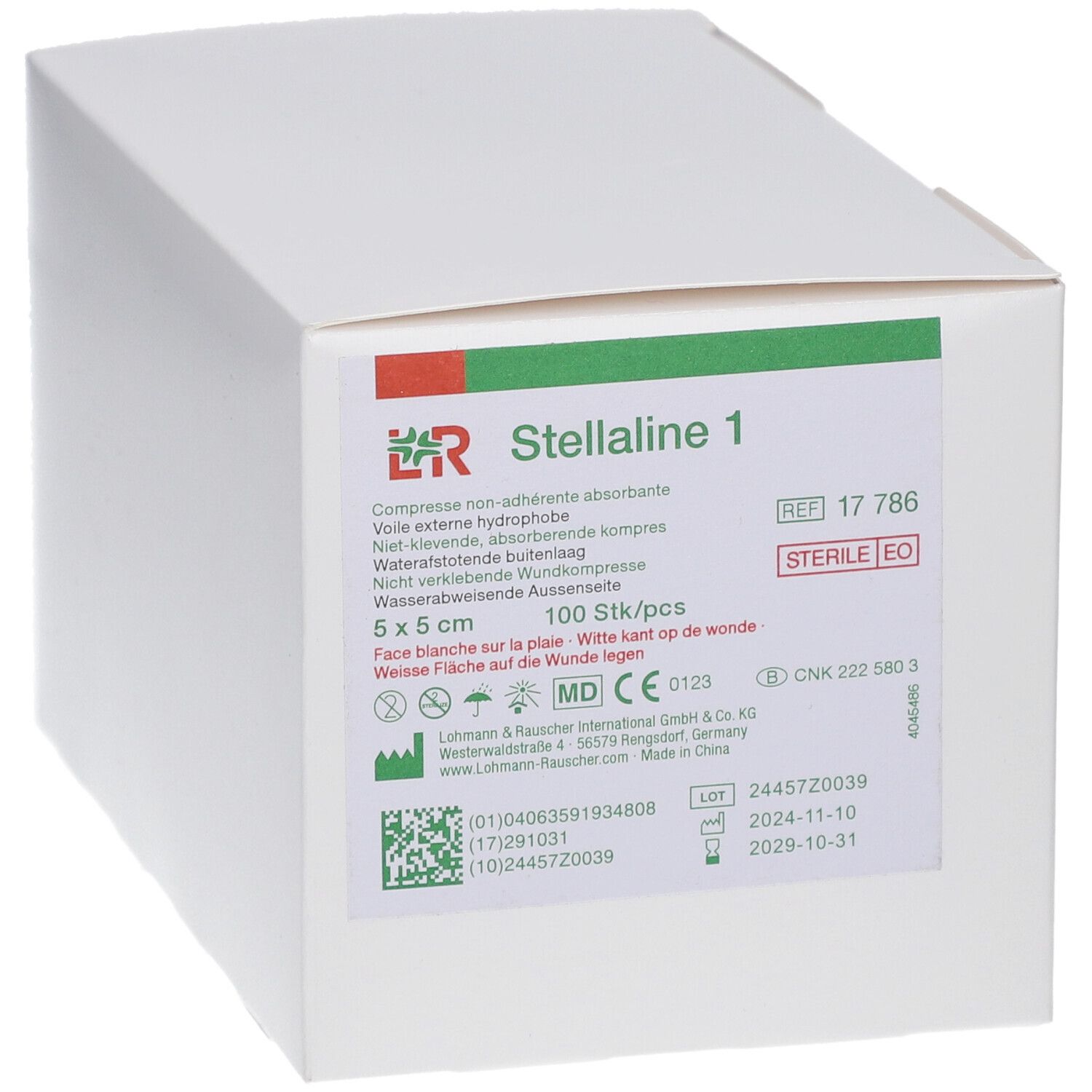 Witte verpakking met opdruk. Bevat Stellaline 1 steriele kompressen. Afmeting 5x5 cm. 100 stuks per verpakking. Steriel.