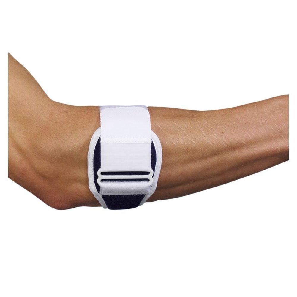 Bandage de coude blanc et bleu. Fermeture velcro. Inscription : Bota.