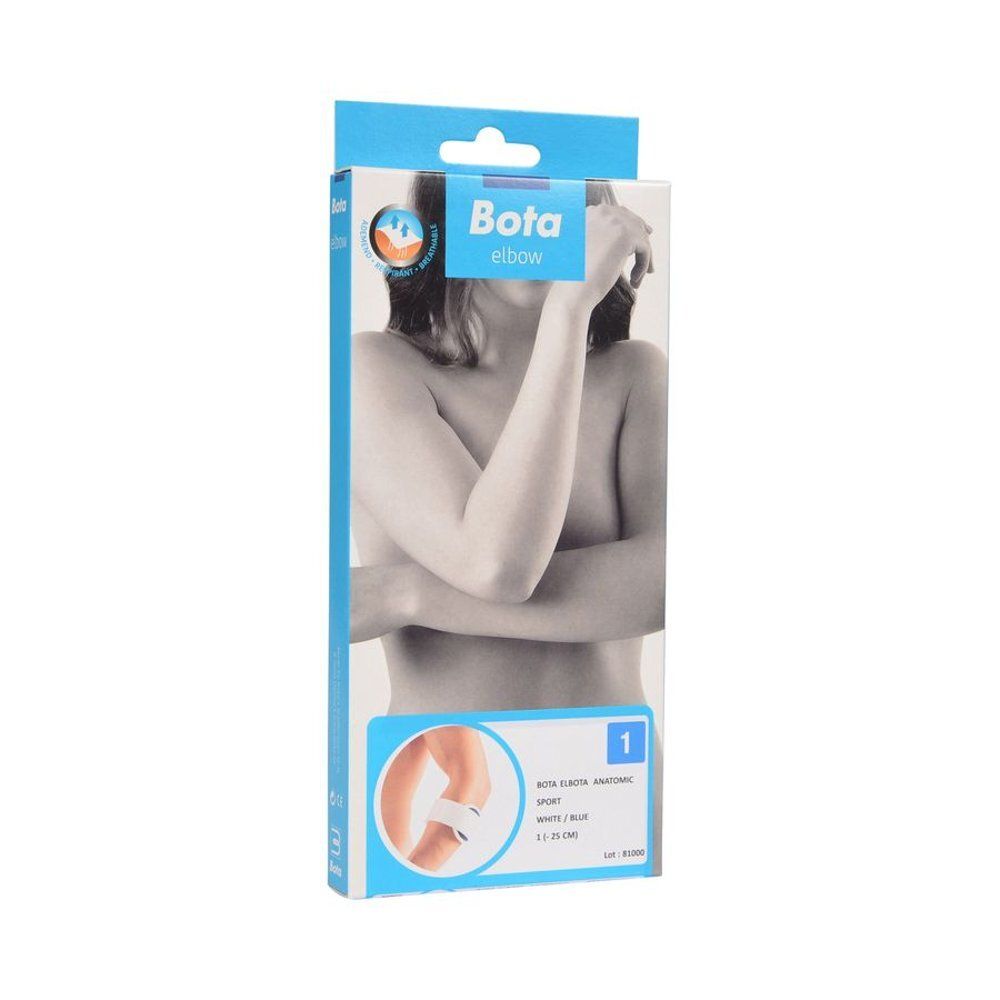 Bandage Bota pour le coude, blanc et bleu. Porté sur le bras. Fermeture velcro.