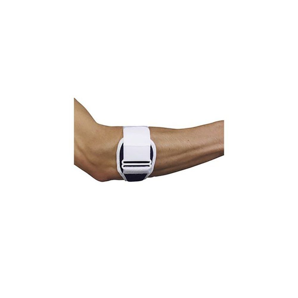 Elleboogbrace op arm. Witte band met zwarte sluiting. Product in gebruik.