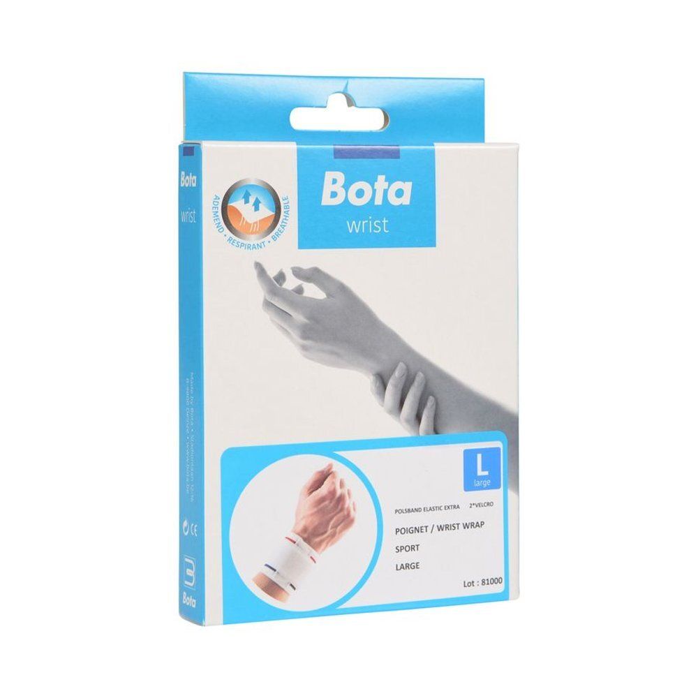 Verpakking Bota polsband, maat L. Witte verpakking met productafbeelding en logo. Blauwe en witte accenten.
