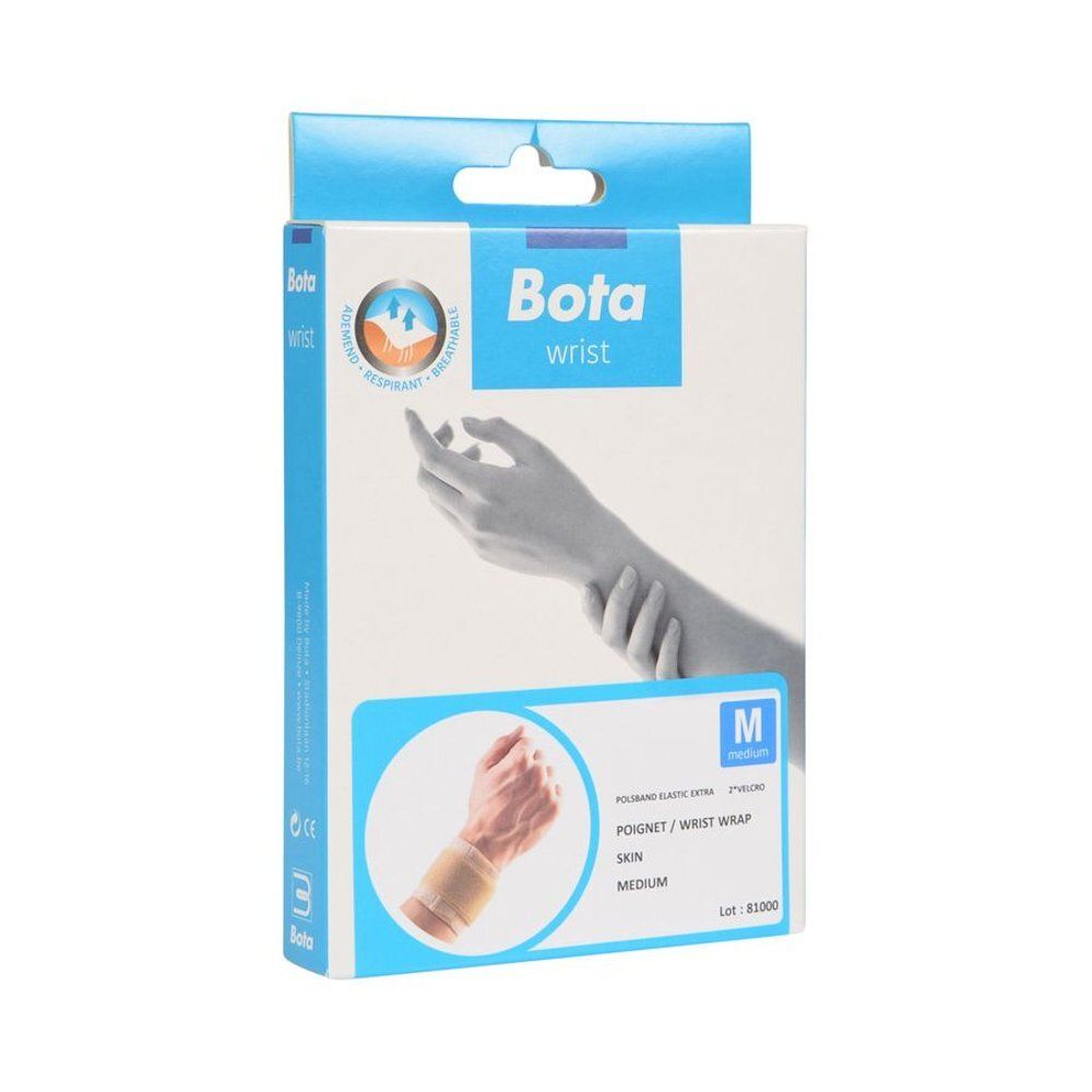 Boîte BOTA wrist, taille M. Emballage blanc et bleu avec image du produit et indication de taille. Respirant.