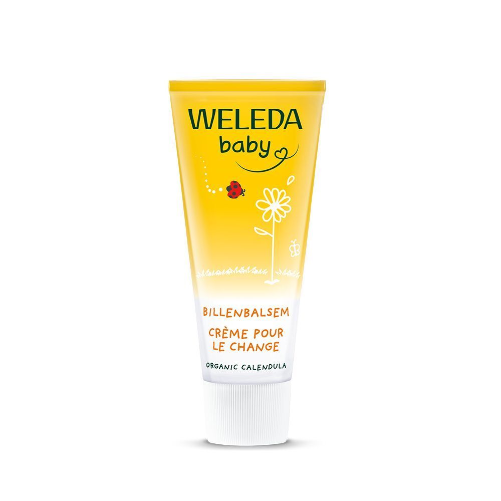 Tube de Crème pour le Change Weleda Bébé Calendula. Tube blanc avec étiquette jaune. Texte: Crème pour le Change, Calendula.