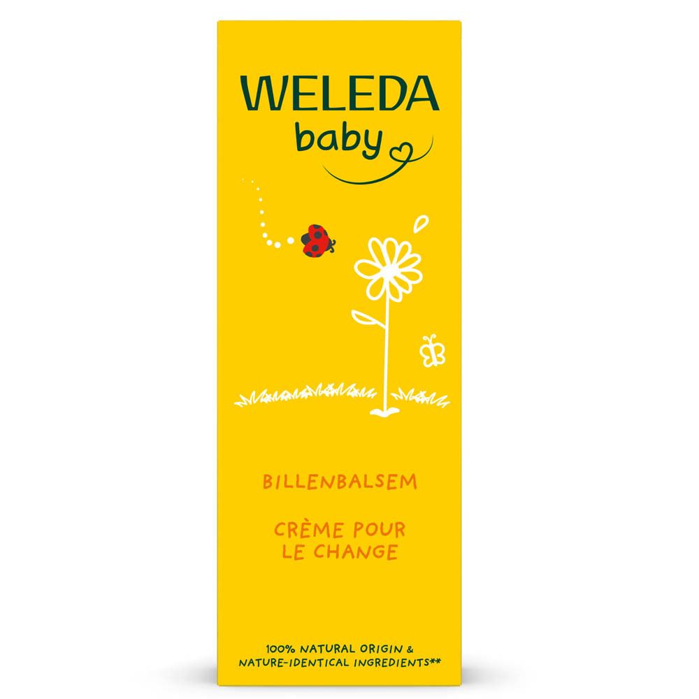 Boîte jaune. Inscription: WELEDA baby, BILDENBALSEM, CRÈME POUR LE CHANGE, ORGANIC CALENDULA.