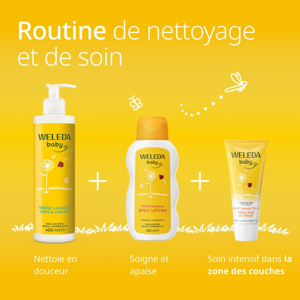 Trois produits sur fond jaune. Produits WELEDA baby.