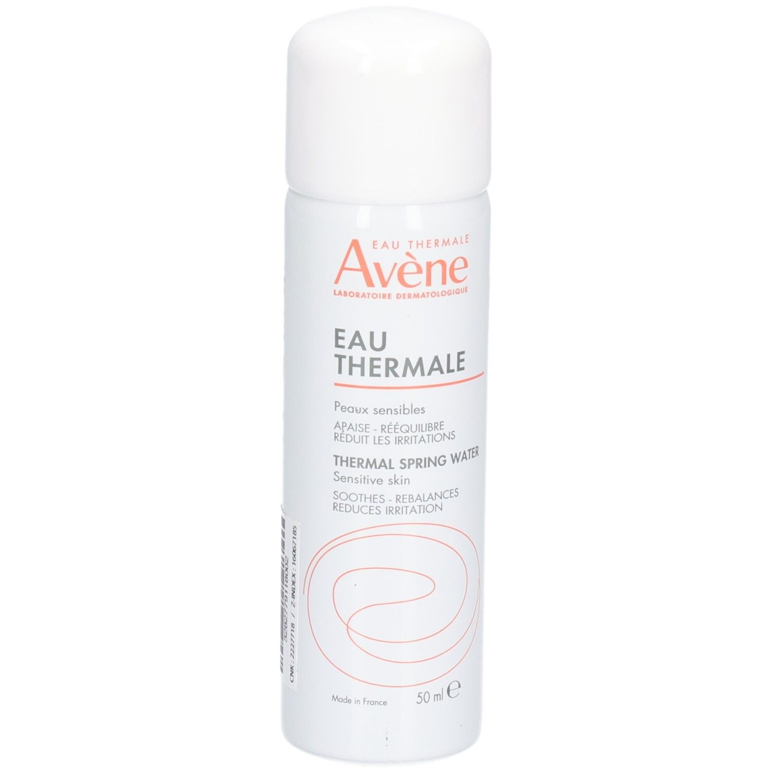 Witte spray met rode tekst. Opschrift: Eau Thermale, Avène. Voor gevoelige huid. Verzacht, herstelt evenwicht, vermindert irritatie.