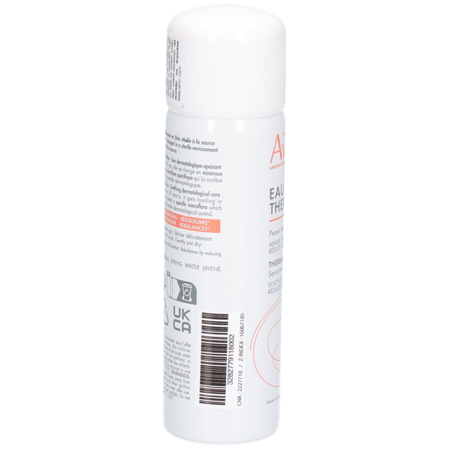 Witte spray, achterkant met tekst en barcode. Opschrift: Eau Thermale, Avène. Voor gevoelige huid. Verzacht, herstelt evenwicht, vermindert irritatie.