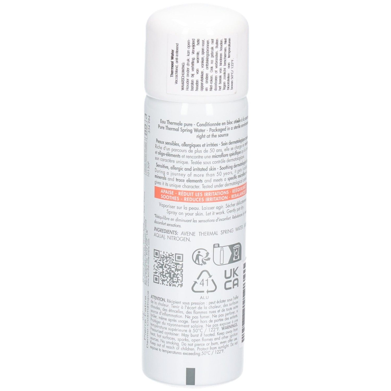 Witte spray, achterkant met tekst. Opschrift: Eau Thermale, Avène. Voor gevoelige huid. Verzacht, herstelt evenwicht, vermindert irritatie.