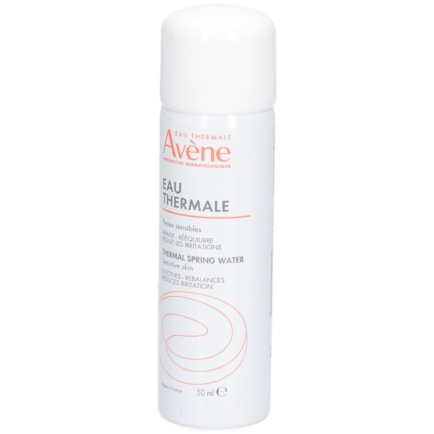 Witte spray met rode tekst. Opschrift: Eau Thermale, Avène. Voor gevoelige huid. Verzacht, herstelt evenwicht, vermindert irritatie. 50 ml.