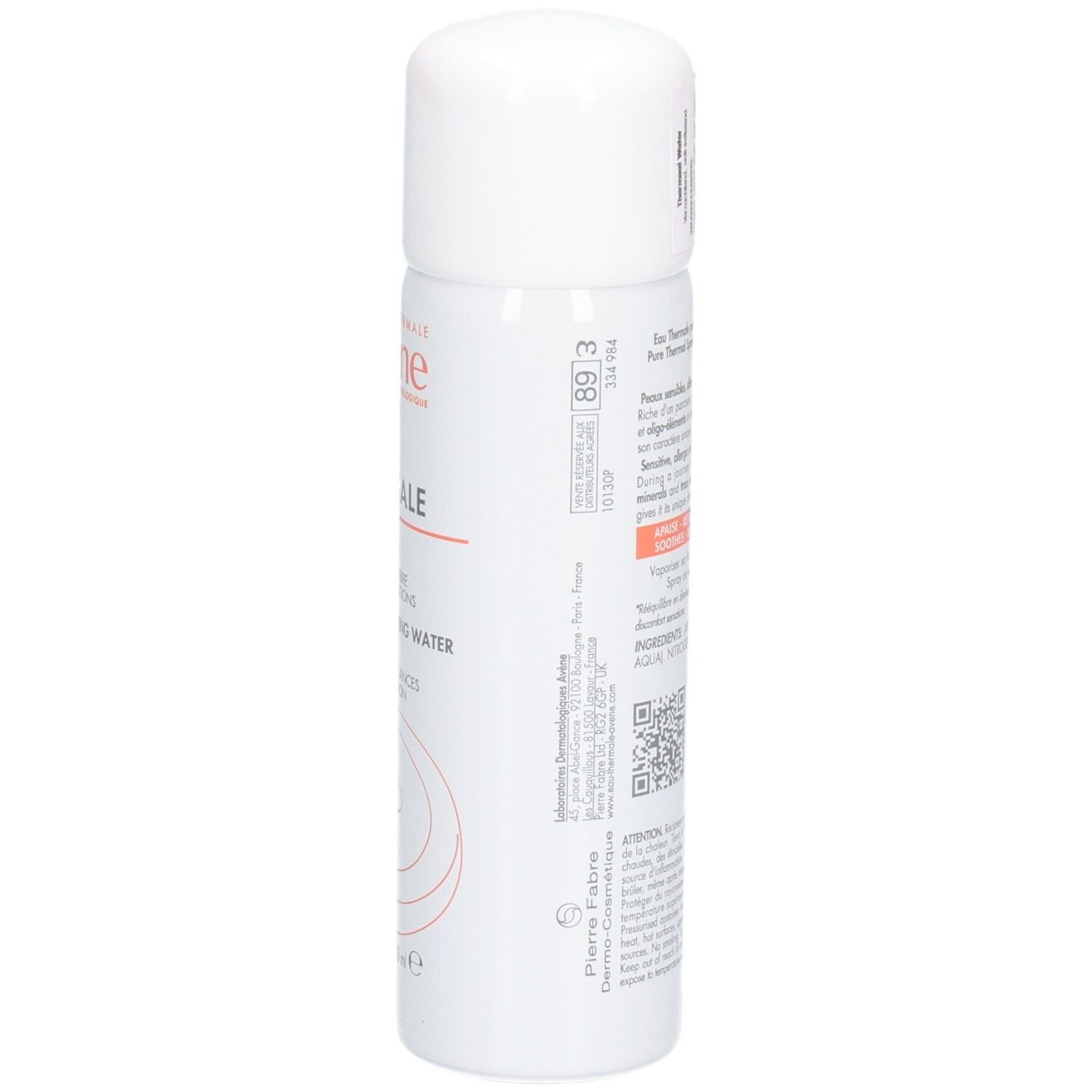 Witte spray, achterkant met tekst. Opschrift: Eau Thermale, Avène. Voor gevoelige huid. Verzacht, herstelt evenwicht, vermindert irritatie.