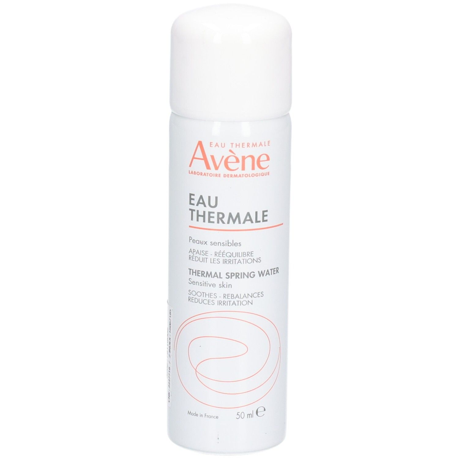 Witte spray met rode tekst. Opschrift: Eau Thermale, Avène. Voor gevoelige huid. Verzacht, herstelt evenwicht, vermindert irritatie. 50 ml.