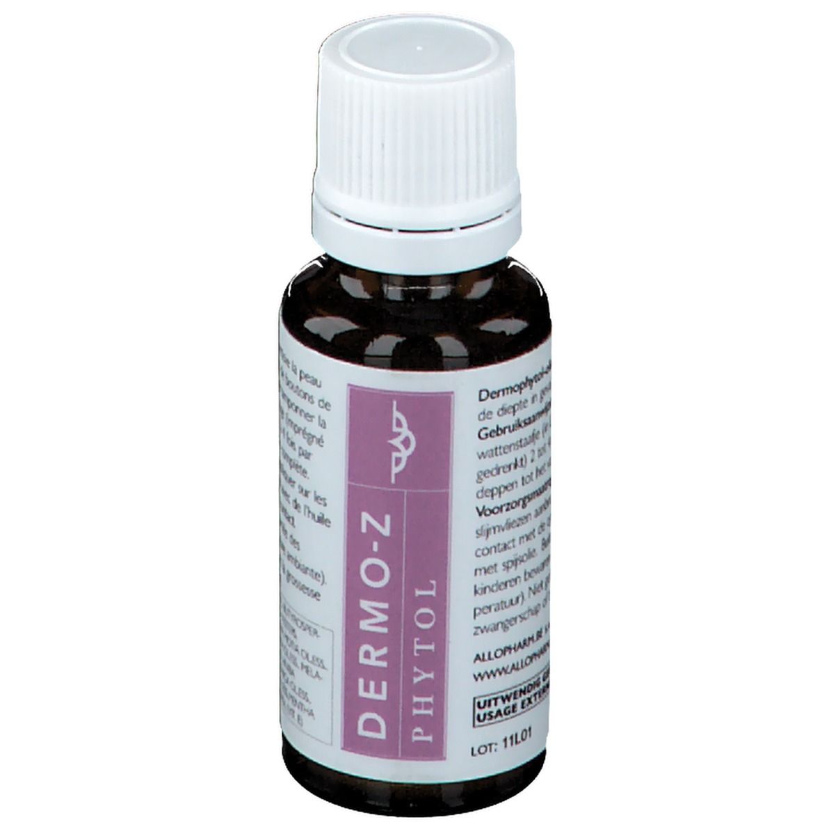 Bruine glazen fles met witte dop. Etiket met paarse streep en tekst: DERMO-Z PHYTOL. Opschriften in meerdere talen.