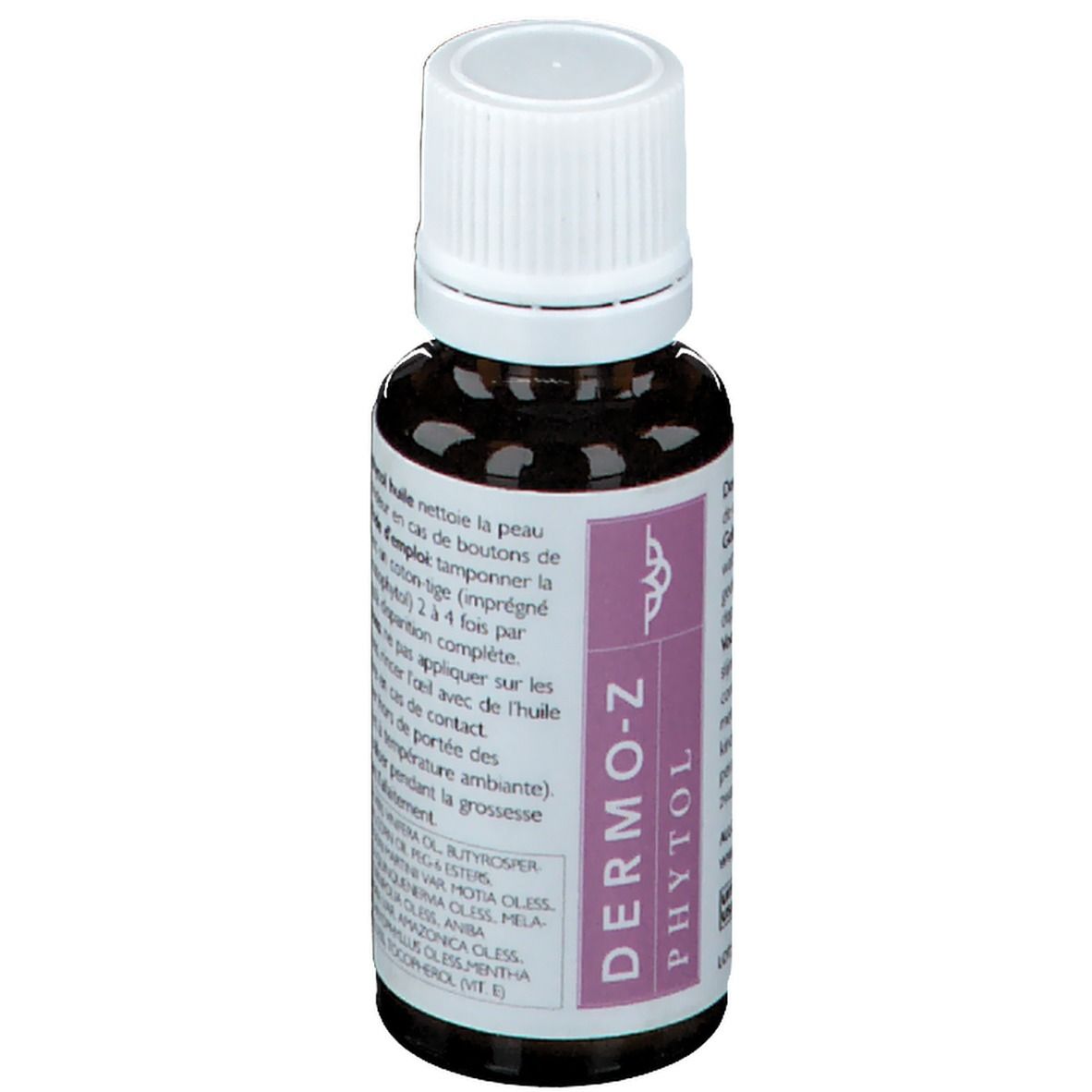 Bruine glazen fles met witte dop. Etiket met paarse streep en tekst: DERMO-Z PHYTOL. Opschriften in meerdere talen.