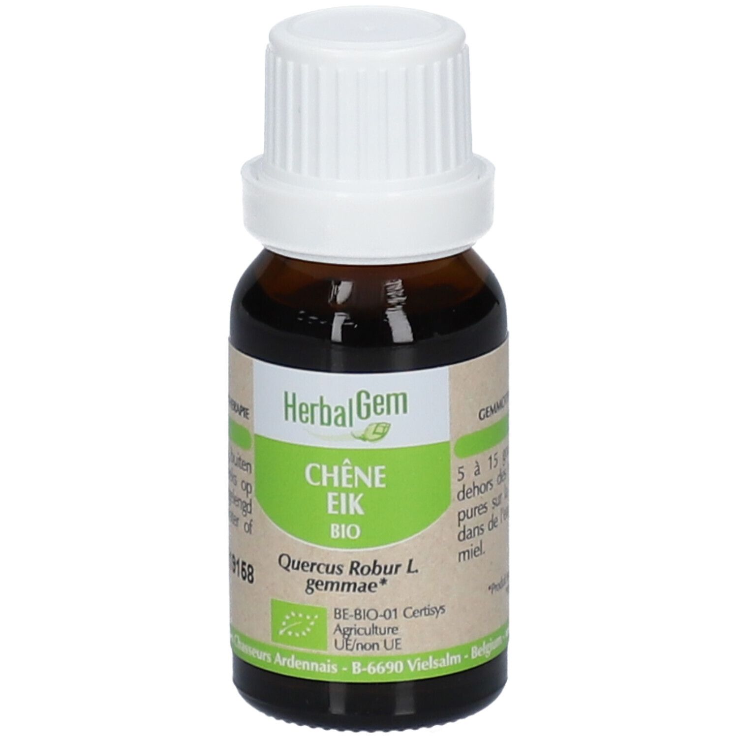 Bruine glazen fles met witte dop. Etiket met tekst: Chêne Eik Bio, HerbalGem. Bio-certificering.