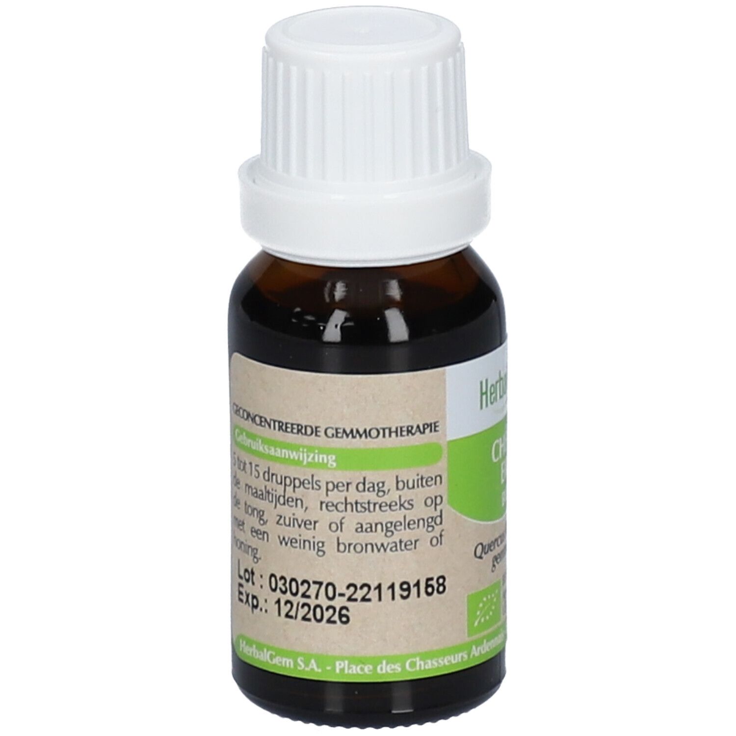 Bruine glazen fles met witte dop. Etiket met tekst en vervaldatum. HerbalGem. Bio-certificering.