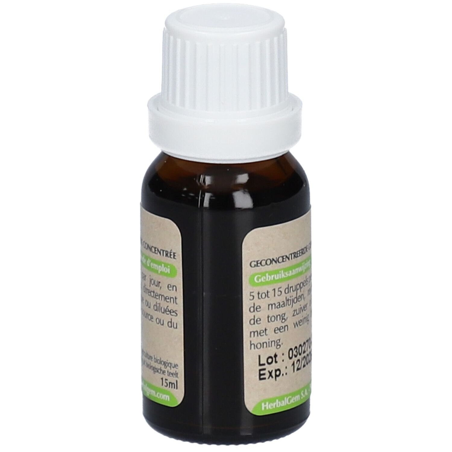 Bruine glazen fles met witte dop. Etiket met tekst. HerbalGem. 15ml. Bio-certificering.