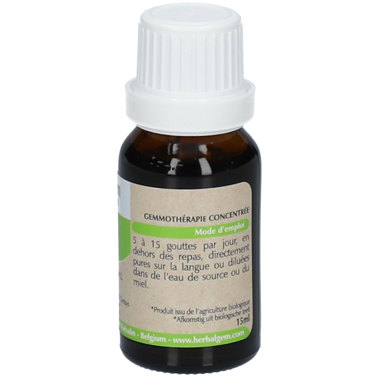 Bruine glazen fles met witte dop. Etiket met tekst. HerbalGem. 15ml. Bio-certificering.
