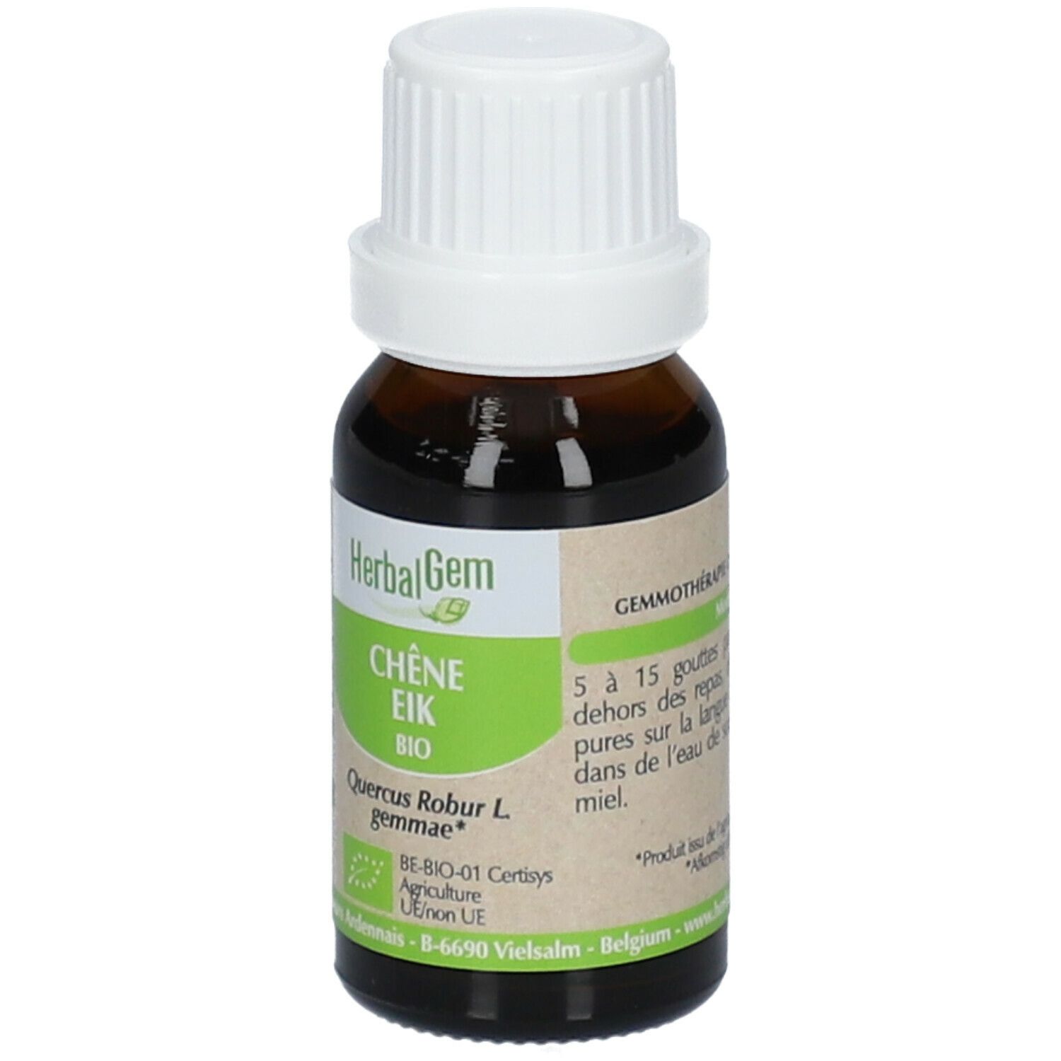 Bruine glazen fles met witte dop. Etiket met tekst: Chêne Eik Bio, HerbalGem. Bio-certificering.