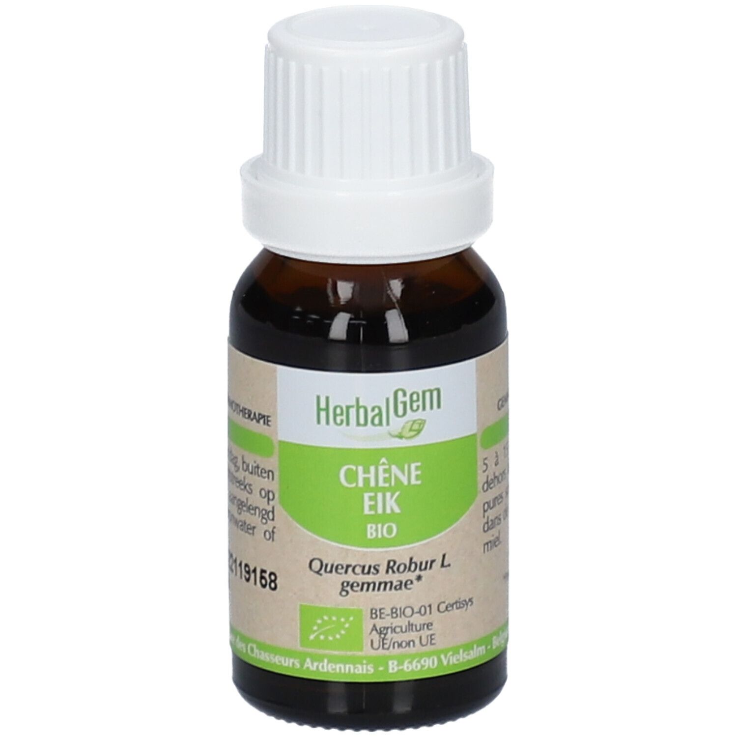 Bruine glazen fles met witte dop. Etiket met tekst: Chêne Eik Bio, HerbalGem. Bio-certificering.