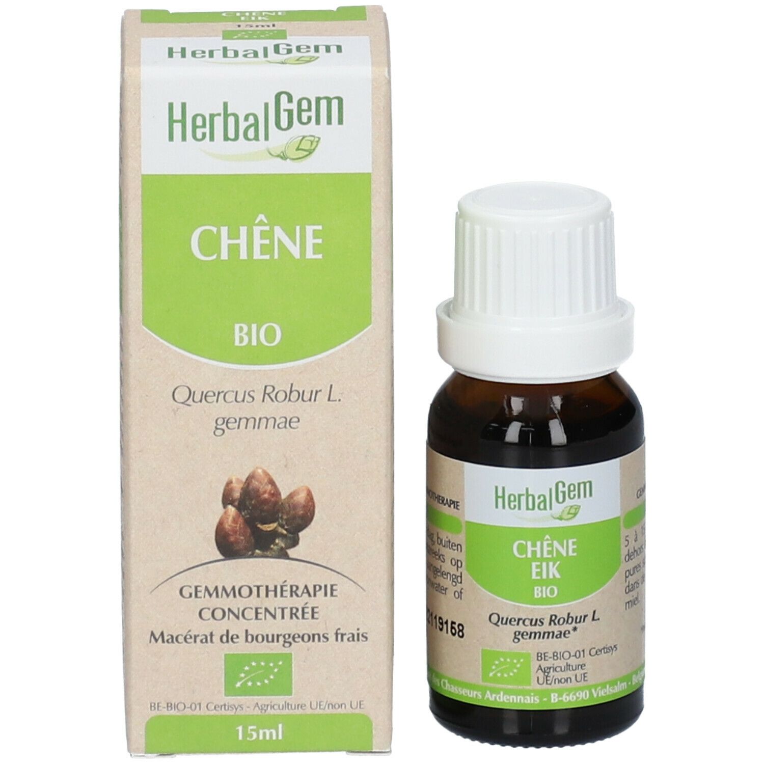 Bruine glazen fles en doos. Fles met witte dop. Doos met tekst: Chêne Bio, HerbalGem. 15ml.