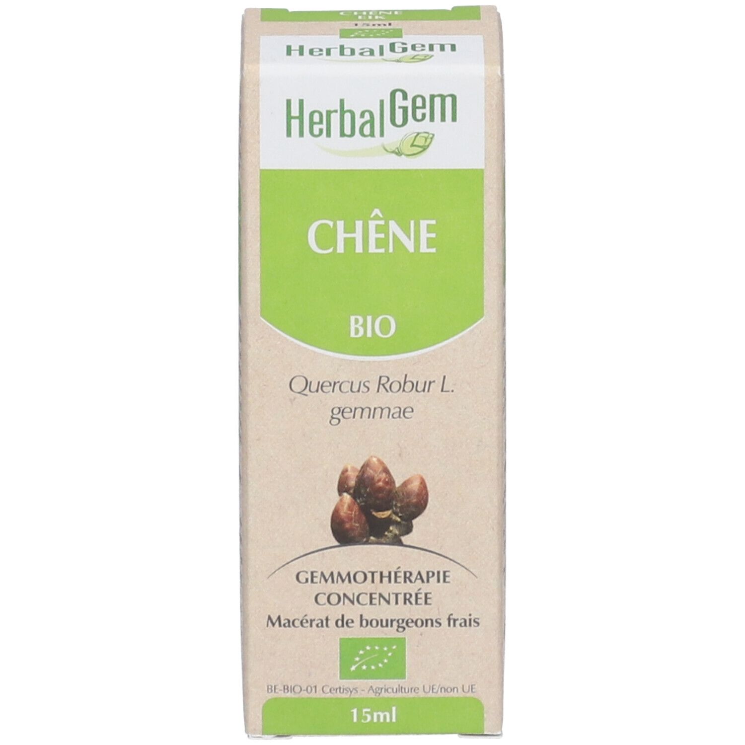 Doos met tekst: Chêne Bio, HerbalGem. Illustratie van knoppen. 15ml. Bio-certificering.