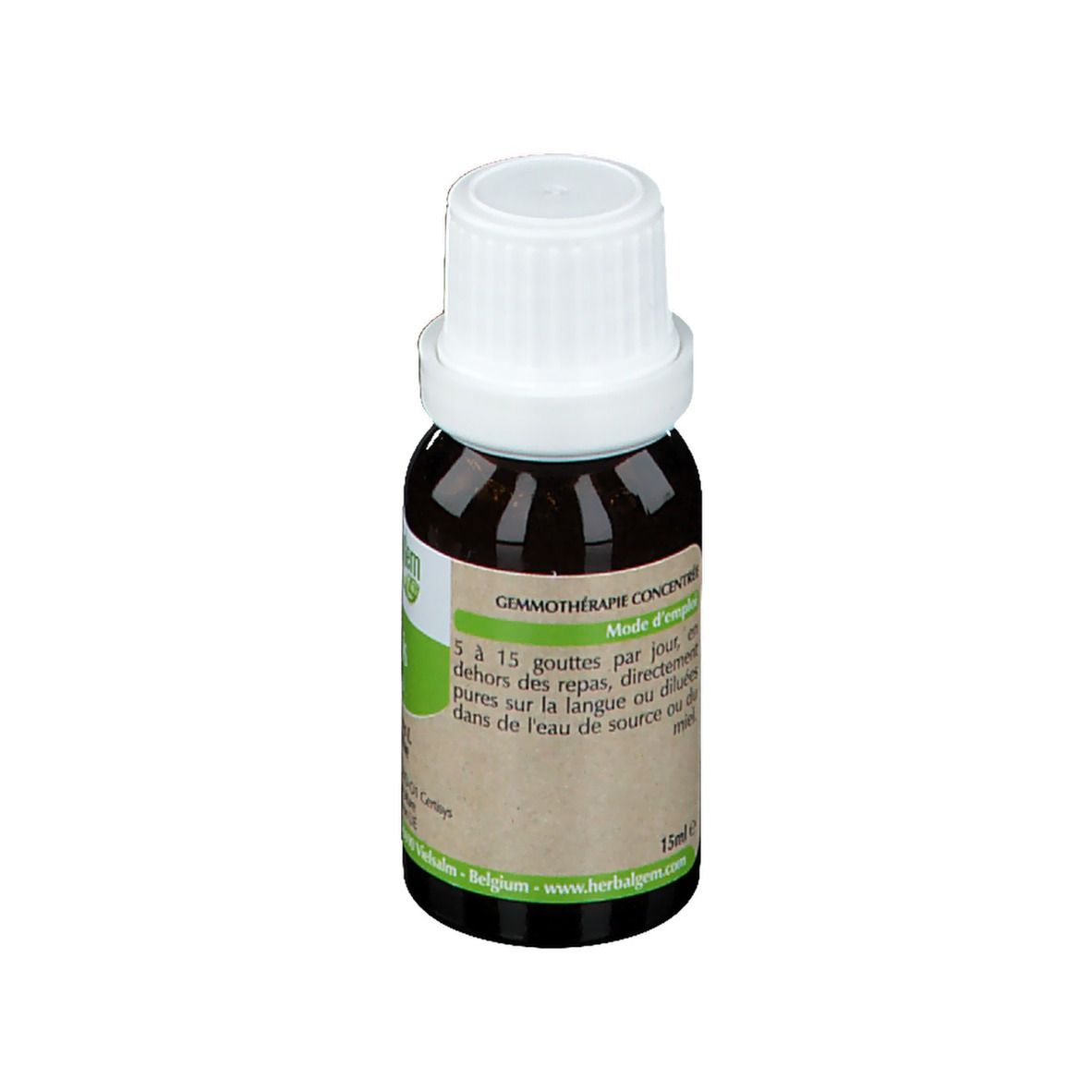 Bruine glazen fles met witte dop. Etiket met tekst. Mais macerate.