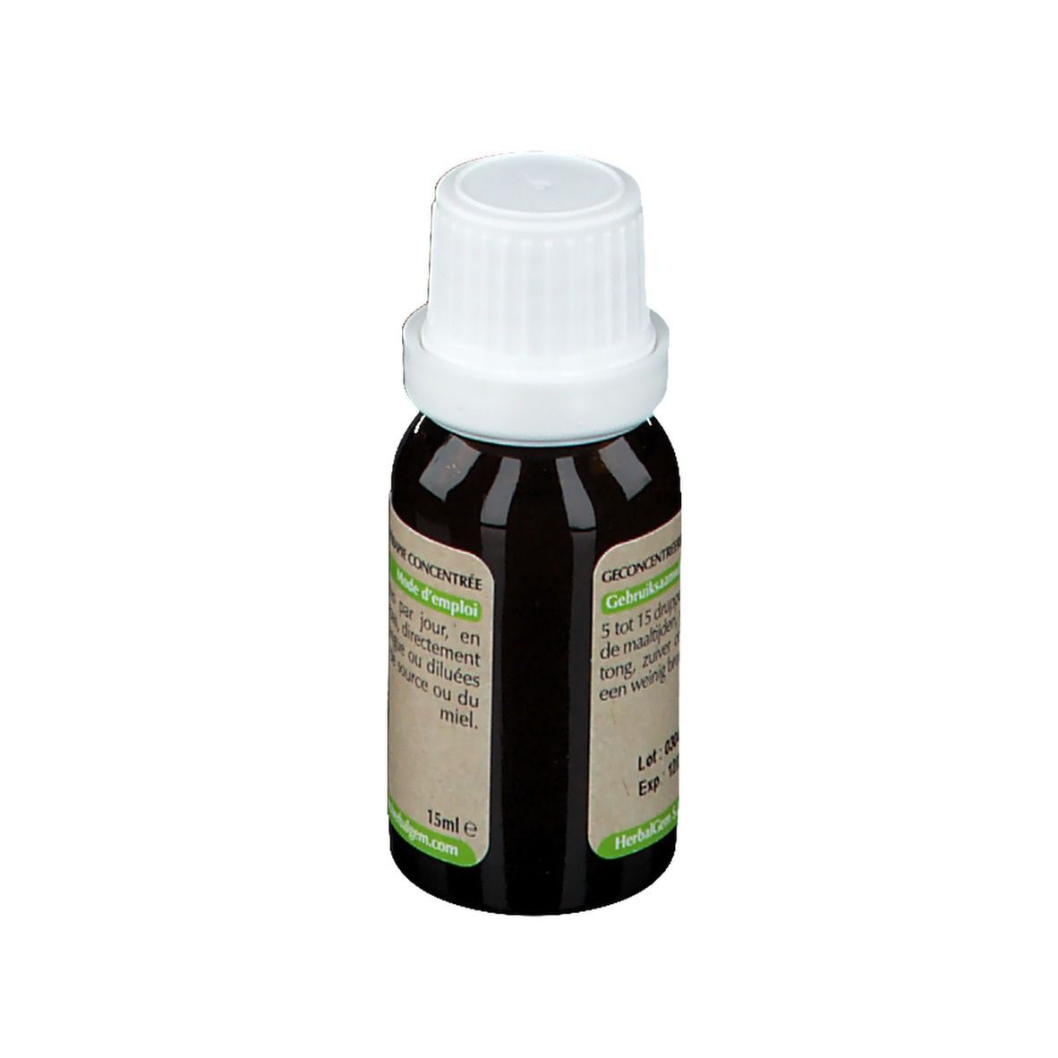 Bruine glazen fles met witte dop. Etiket met tekst. Mais macerate.