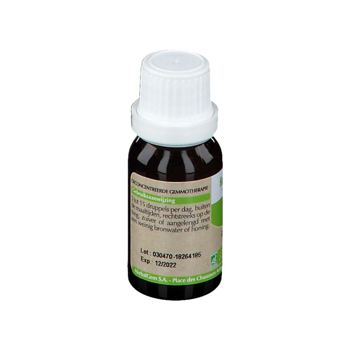 Bruine glazen fles met witte dop. Etiket met tekst. Mais macerate.