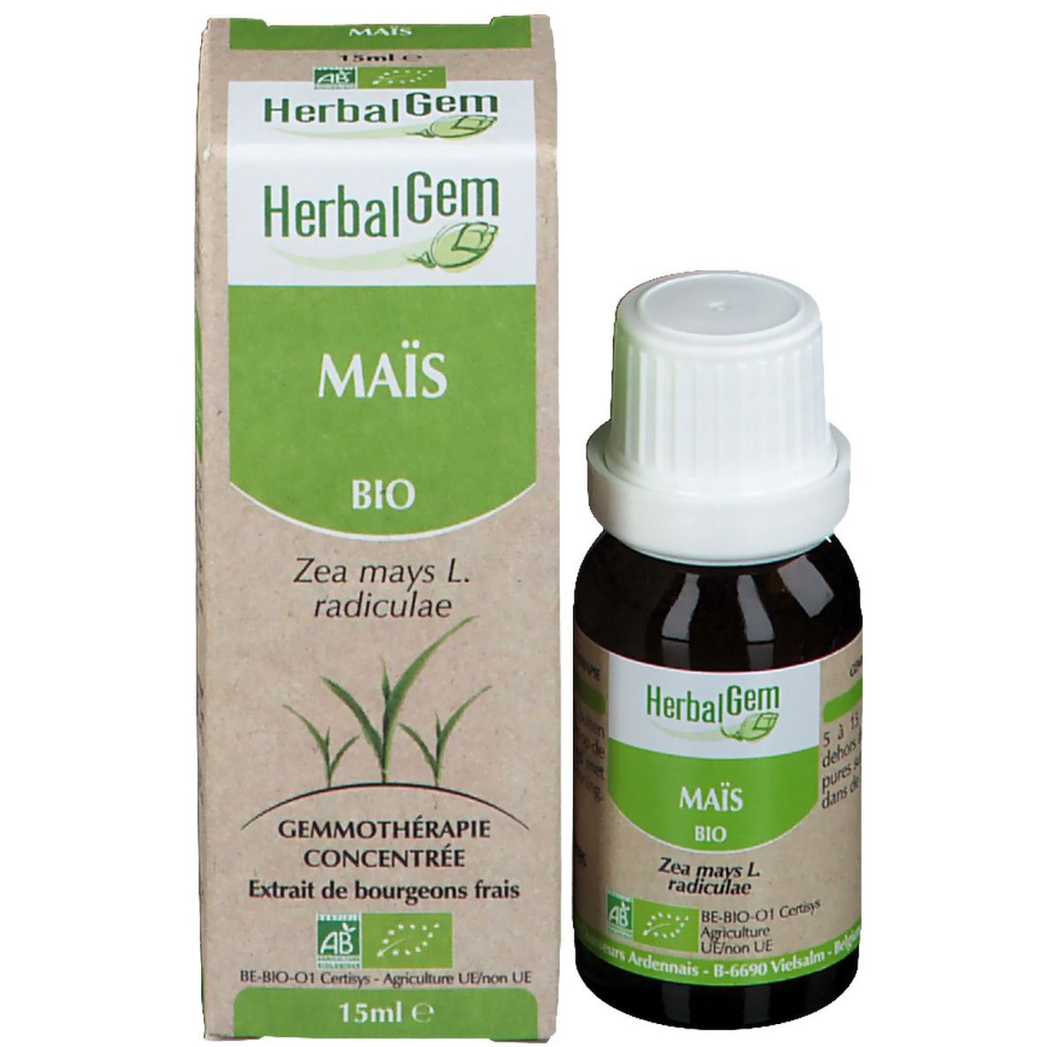 Bruine glazen fles en doos. Mais macerate. Doos met logo en tekst.