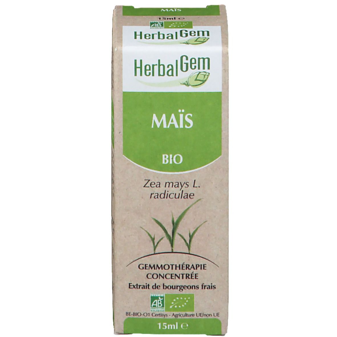 Doos met logo en tekst. Mais macerate. 15ml.