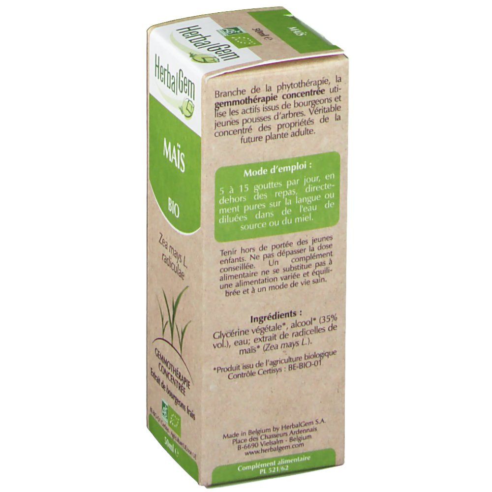 Kartonnen verpakking met productinformatie. Opschrift: HerbalGem Mais Bio. Bio-label. Botanische naam: Zea mays L. radiculae.