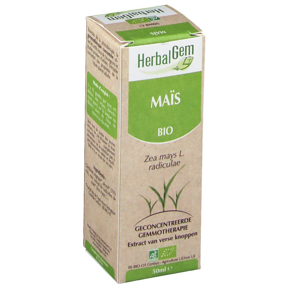 Kartonnen verpakking met productinformatie. Opschrift: HerbalGem Mais Bio. Bio-label. Botanische naam: Zea mays L. radiculae. 50ml.