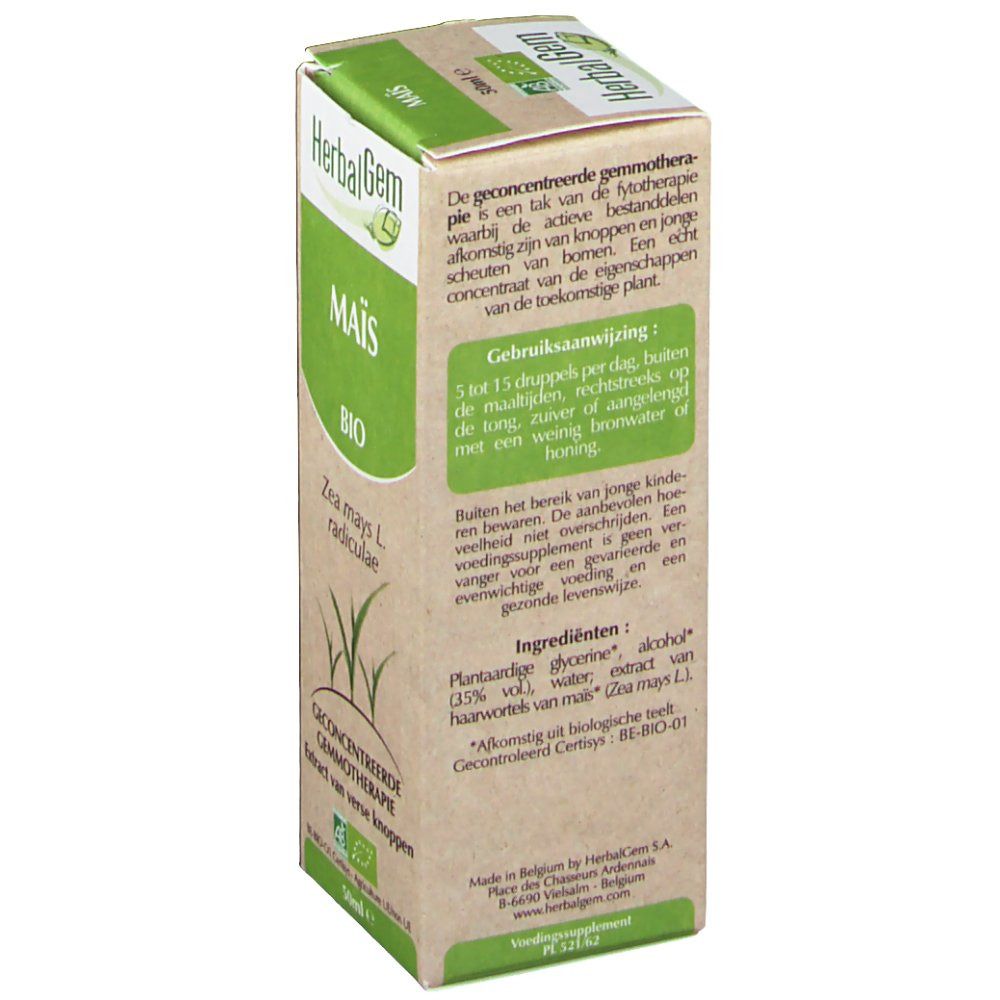 Kartonnen verpakking met productinformatie. Opschrift: HerbalGem Mais Bio. Bio-label. Botanische naam: Zea mays L. radiculae. 50ml.
