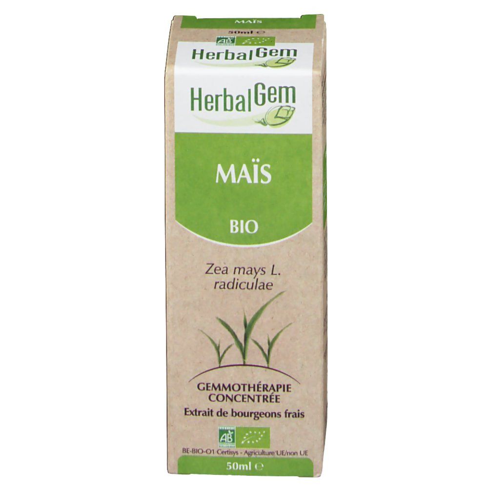 Kartonnen verpakking met productinformatie. Opschrift: HerbalGem Mais Bio. Bio-label. Botanische naam: Zea mays L. radiculae. 50ml.